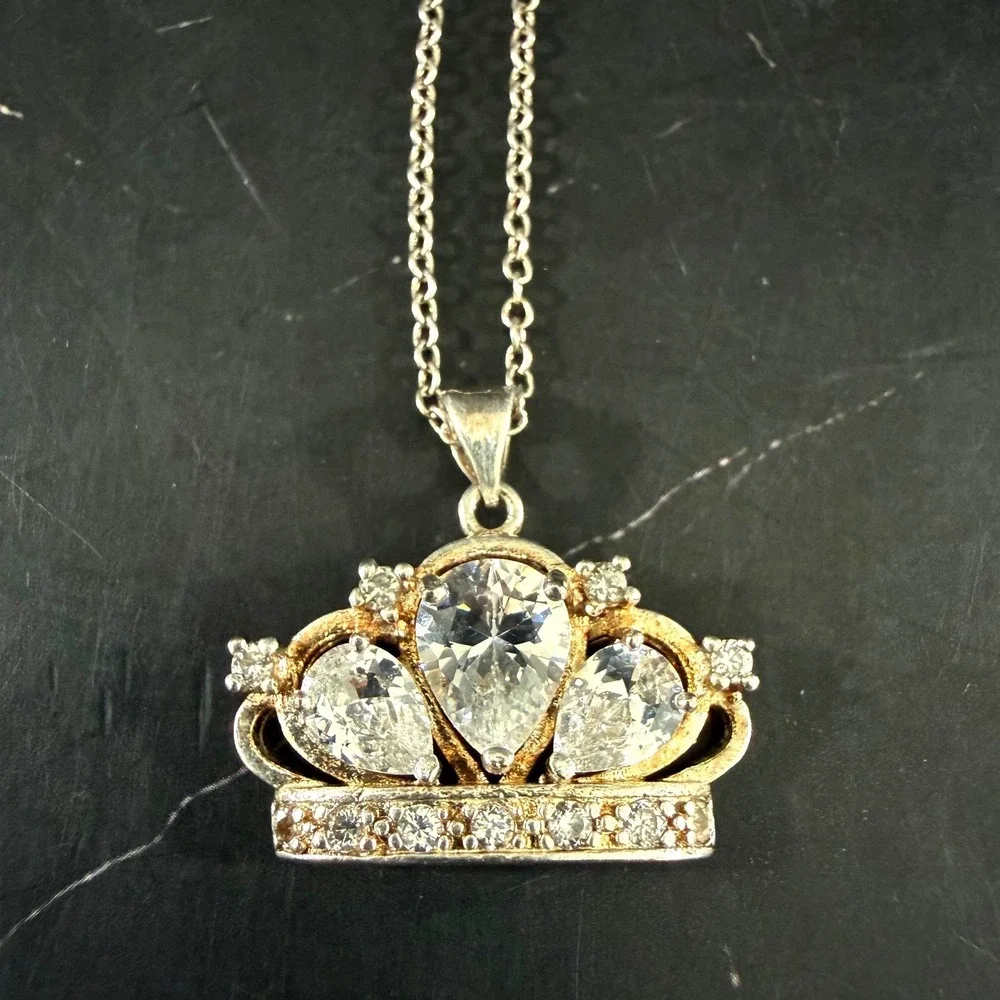 Swarovski Crystal Tiara Crown 18iin Necklace White Gold Plated Sterling Chain